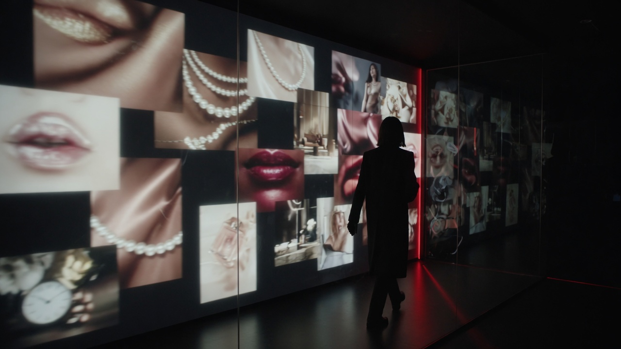 Luxury campaign image wall reviewed in a dark marketing studio.