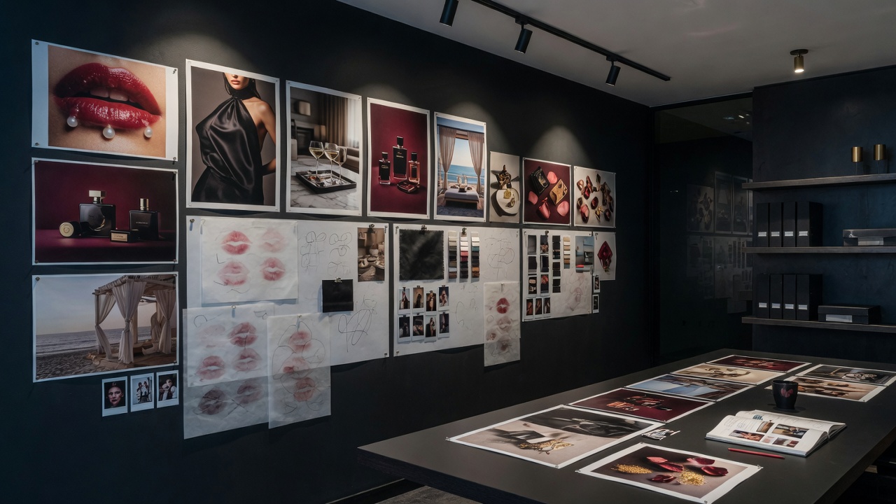 Premium white-label agency room with campaign reference boards and confidential client visuals