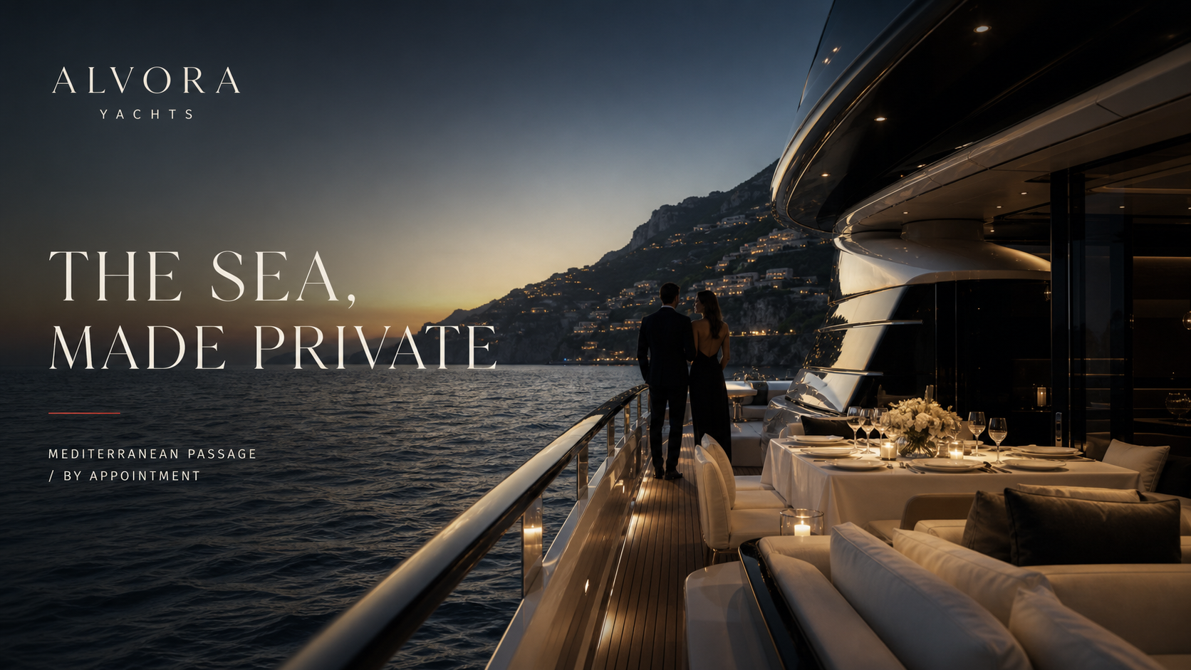 Alvora Yachts luxury yacht campaign concept with Mediterranean coastline, private deck, and cinematic typography