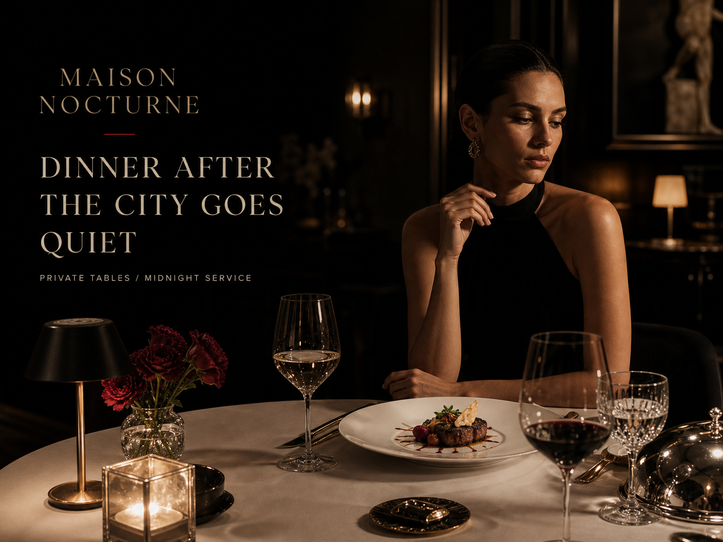 Maison Nocturne luxury restaurant campaign concept with private dining, candlelight, table service, and editorial typography