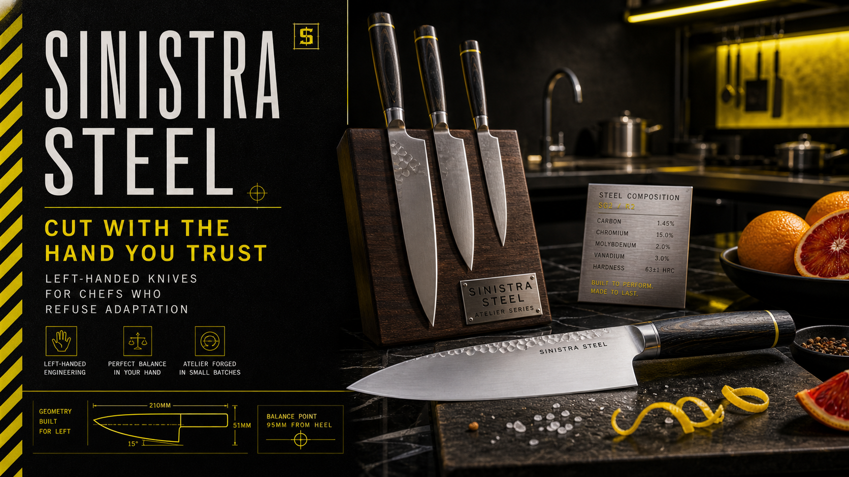Sinistra Steel Cut With Hand Left Handed Knives Campaign 16x9 Ribbsaeter Advertising campaign image