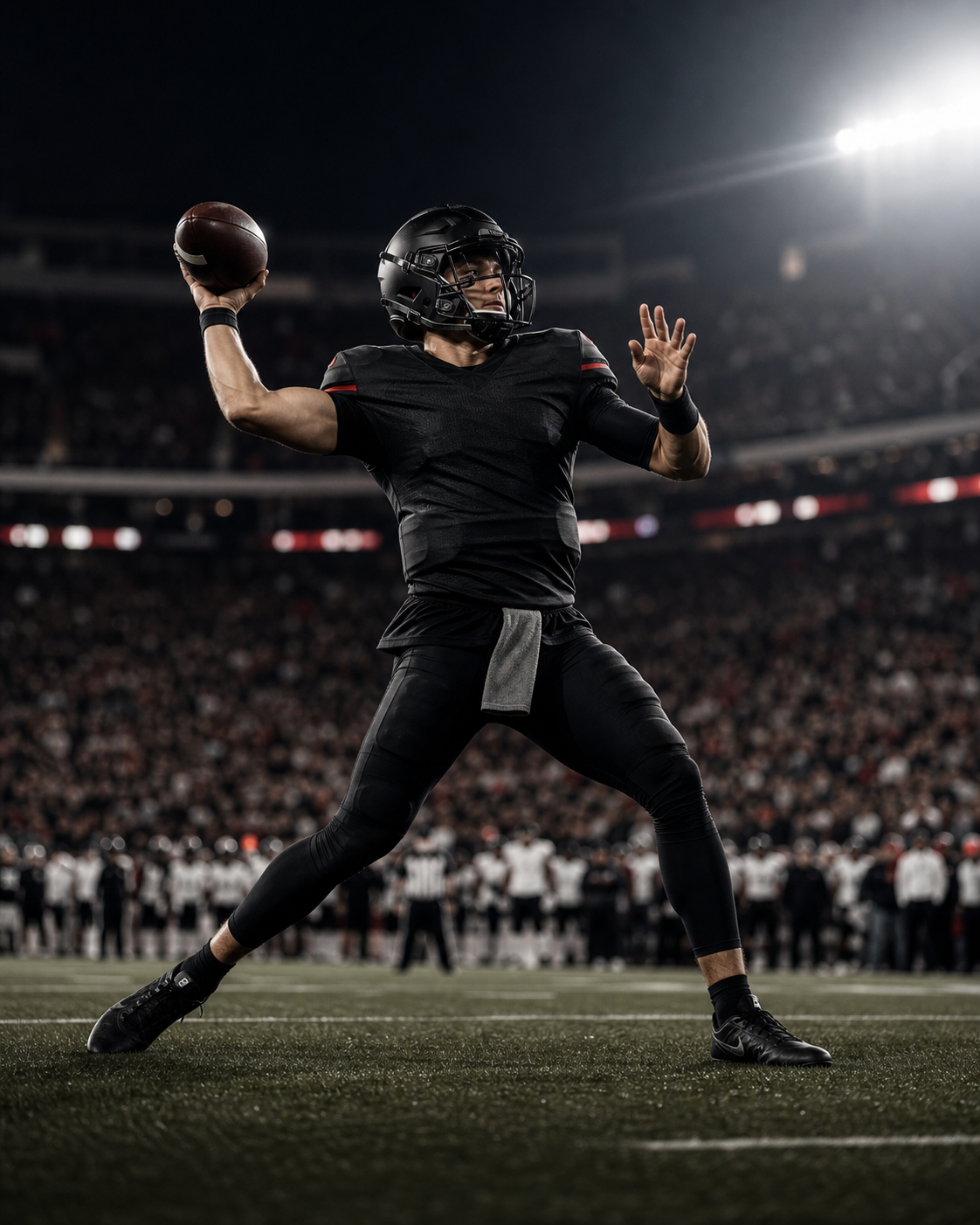American football quarterback throwing during a night match.