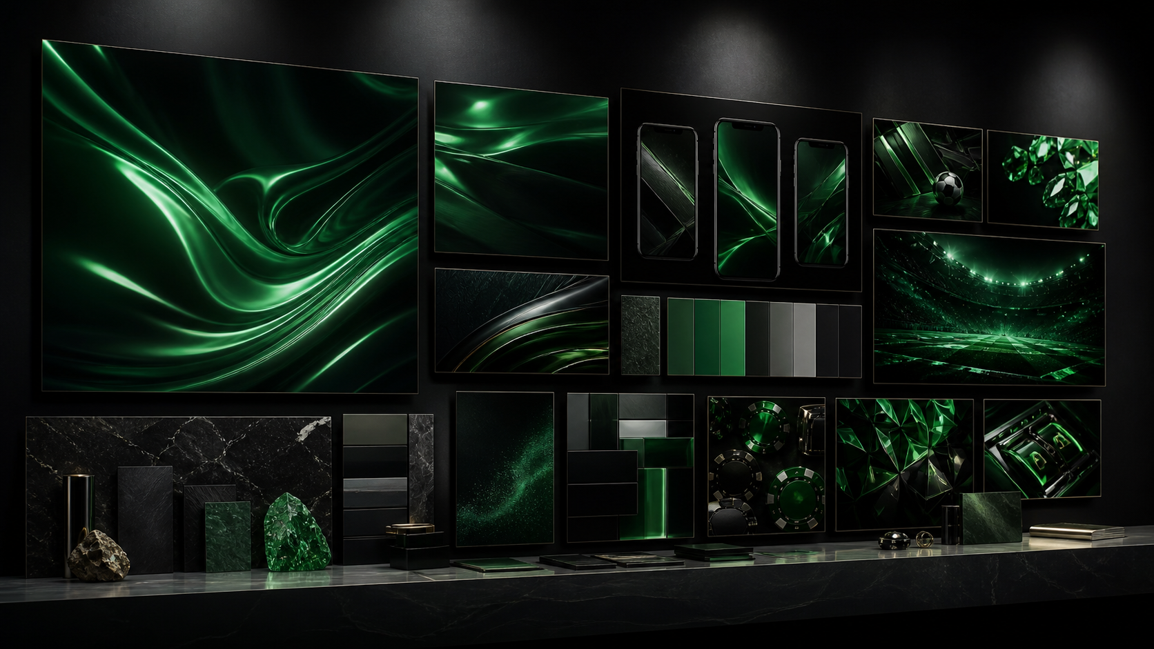 Modern iGaming visual language board with dark dashboards, emerald motion, mobile previews, campaign layouts, and regulated-market creative.