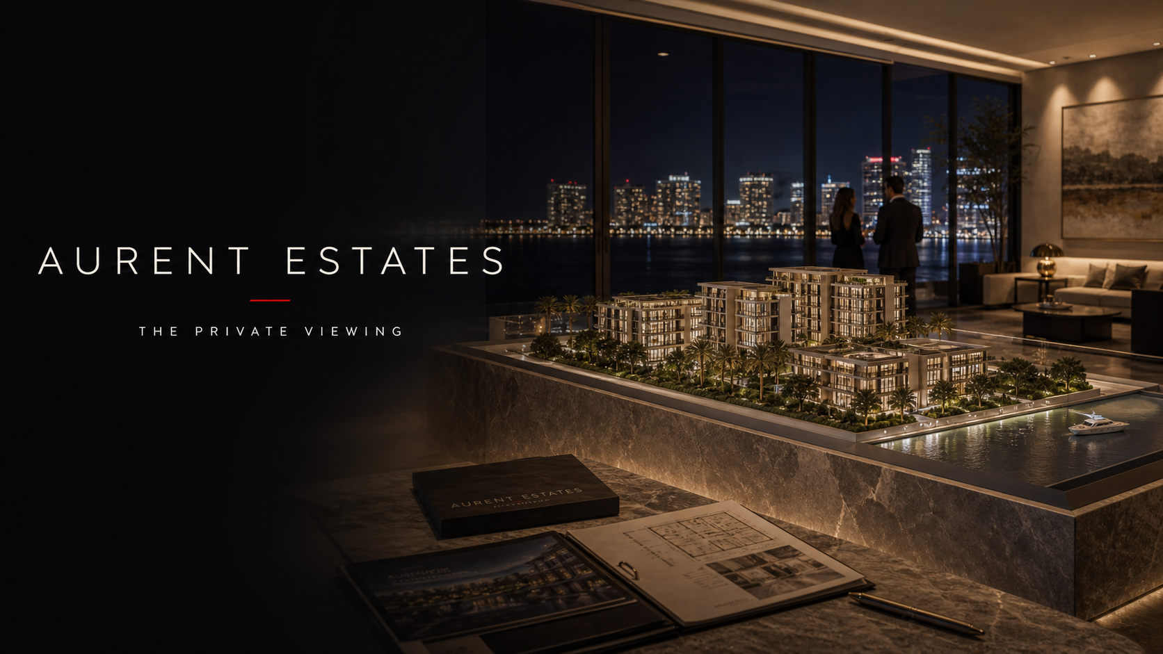 Aurent Estates real estate development campaign image with private residence viewing and premium property atmosphere