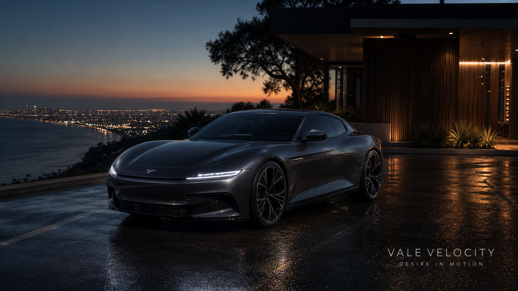 Vale Velocity luxury automotive campaign image with electric grand tourer, coastal architecture, and cinematic premium advertising direction