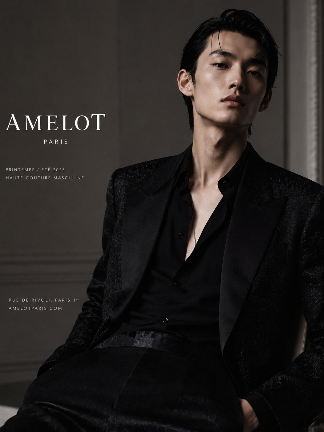 Luxury tailoring campaign image with editorial fashion styling for premium brand advertising