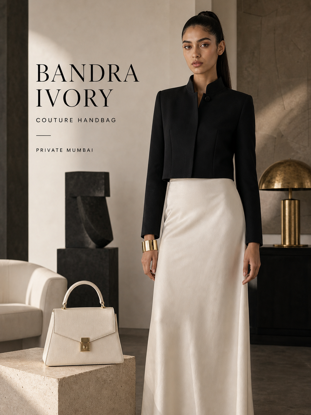 Luxury e-commerce campaign image with premium handbag, model-led styling, and product-world advertising direction