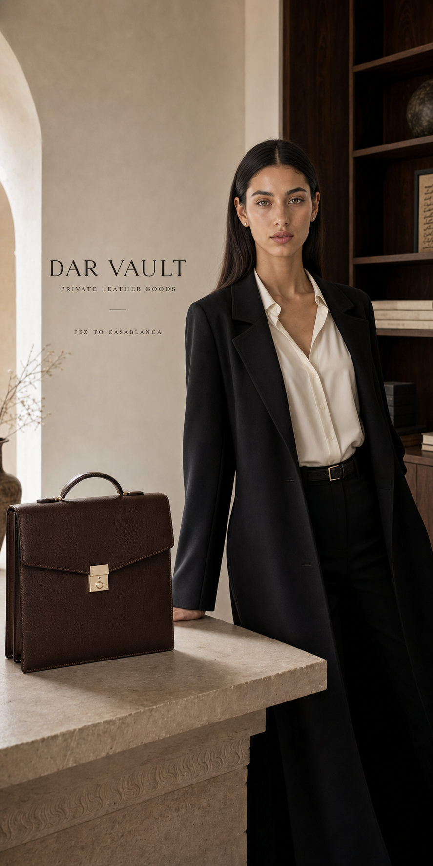 Luxury leather goods campaign image with model, structured bag, stone plinth, and premium styling